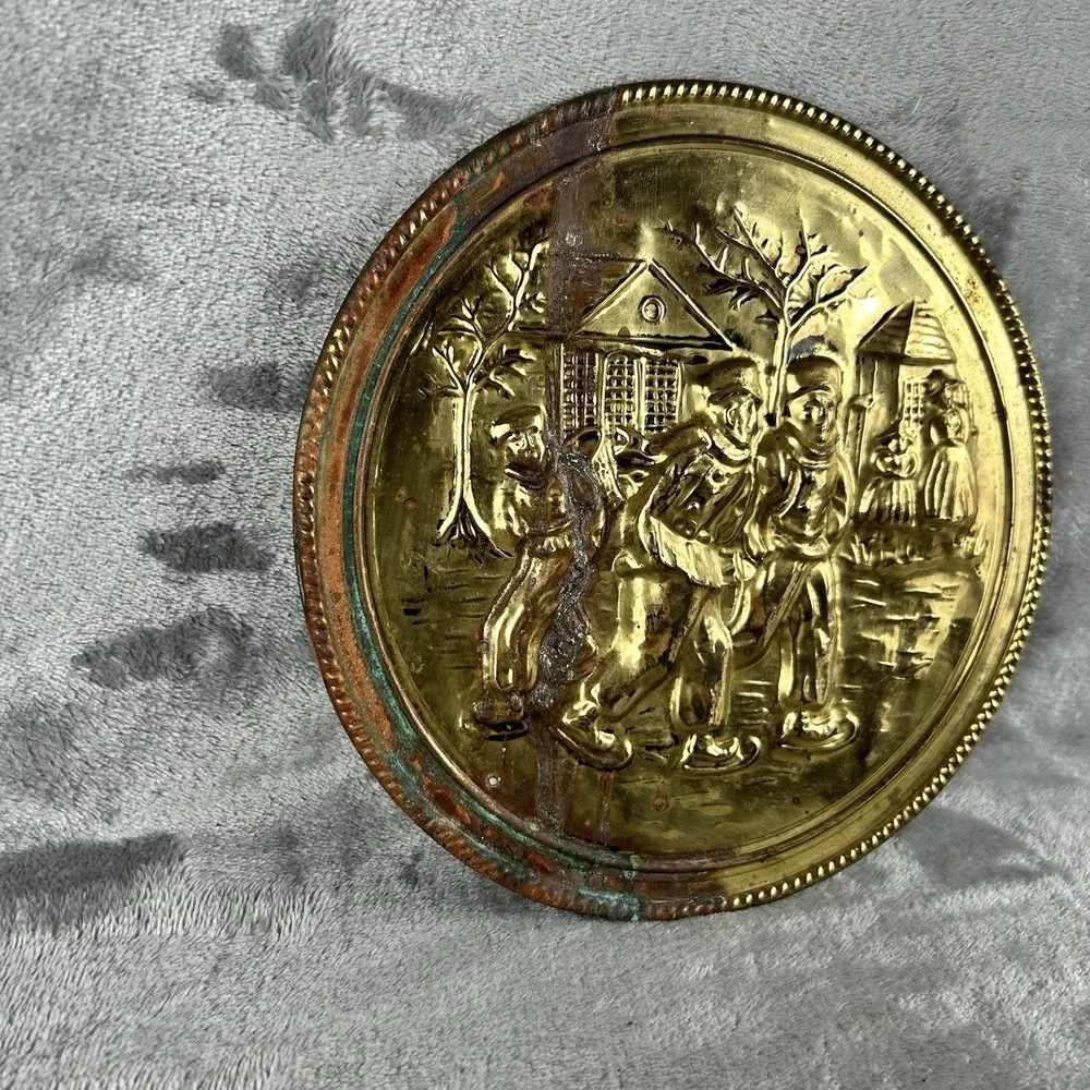 Vintage‎ Elpec Brass Wall Plaque Art Dutch Winter Scene Made In England Patina